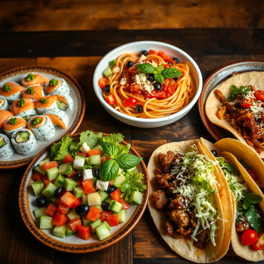 A beautifully arranged table showcasing an array of international dishes