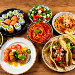 A beautifully arranged table showcasing an array of international dishes