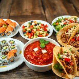 A beautifully arranged table showcasing an array of international dishes