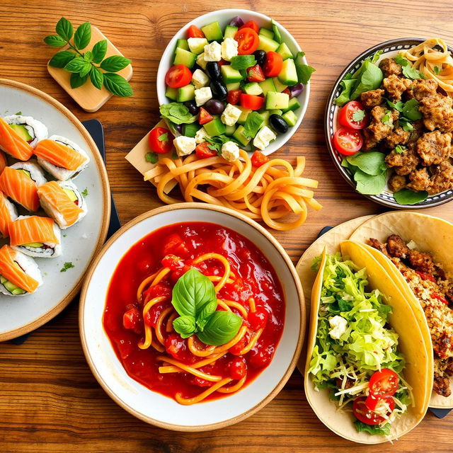 A beautifully arranged table showcasing an array of international dishes