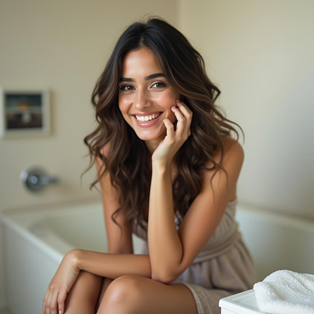 A beautiful Indian woman in a candid moment, capturing a playful and elegant scene