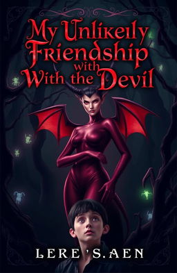 A dark fantasy novel cover featuring a beautiful, enchanting yet mysterious devil character with striking red eyes and elegant horns, standing confidently in a shadowy, mystical forest setting