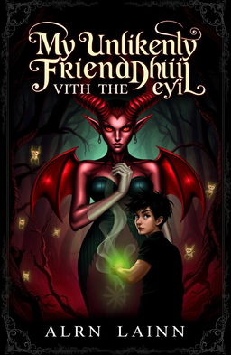 A dark fantasy novel cover featuring a beautiful, enchanting yet mysterious devil character with striking red eyes and elegant horns, standing confidently in a shadowy, mystical forest setting