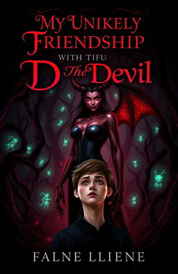 A dark fantasy novel cover featuring a beautiful, enchanting yet mysterious devil character with striking red eyes and elegant horns, standing confidently in a shadowy, mystical forest setting
