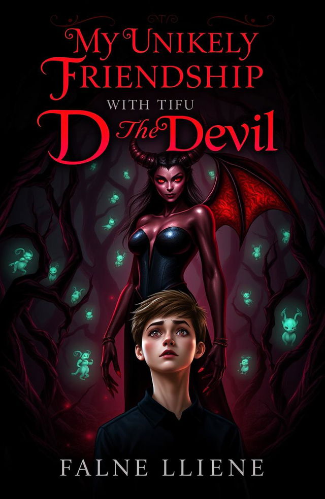 A dark fantasy novel cover featuring a beautiful, enchanting yet mysterious devil character with striking red eyes and elegant horns, standing confidently in a shadowy, mystical forest setting