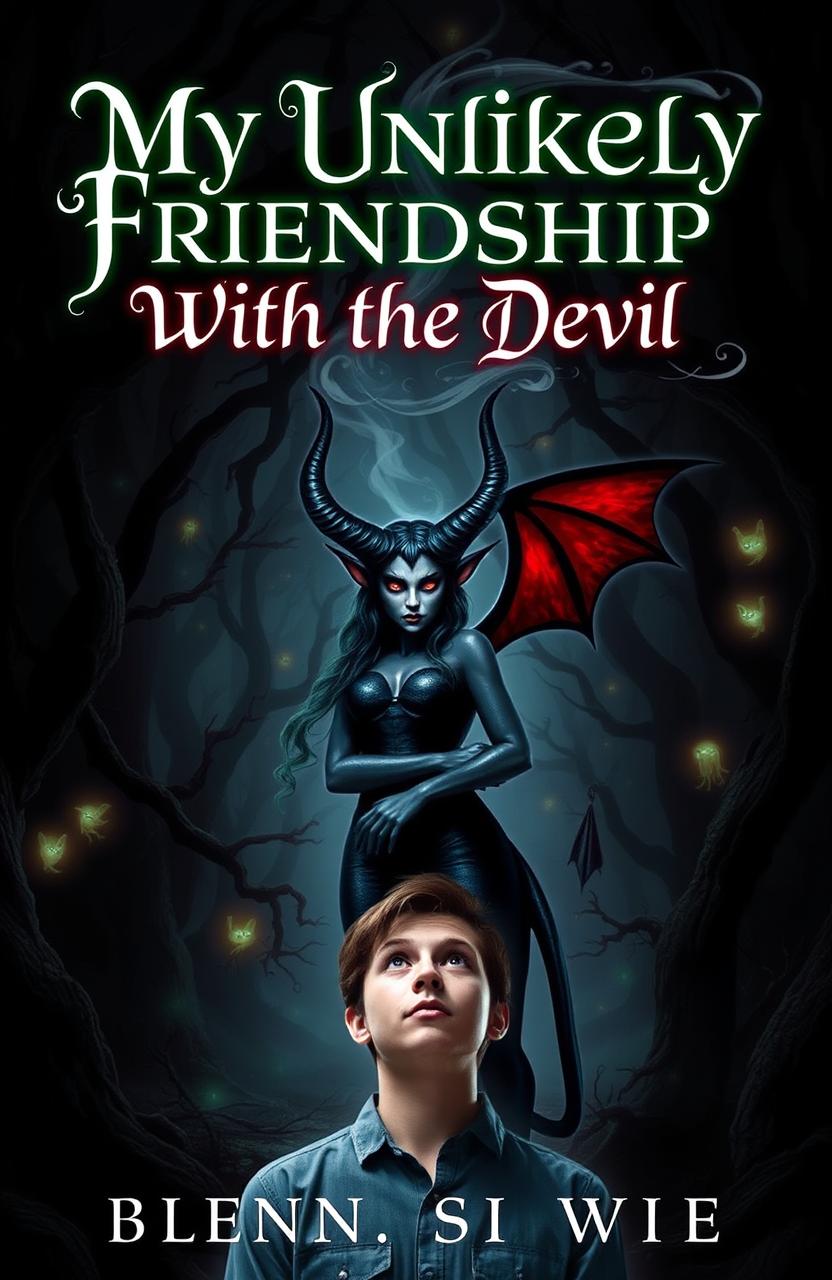 A dark fantasy novel cover featuring a beautiful, enchanting yet mysterious devil character with striking red eyes and elegant horns, standing confidently in a shadowy, mystical forest setting