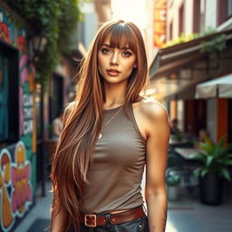 A stylish woman with long flowing hair, featuring trendy bangs, dressed in a chic outfit, standing in a vibrant urban setting