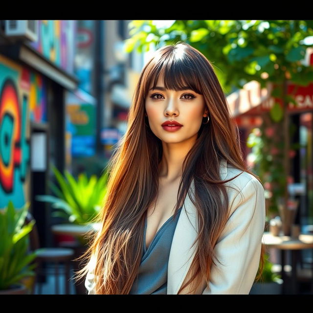 A stylish woman with long flowing hair, featuring trendy bangs, dressed in a chic outfit, standing in a vibrant urban setting