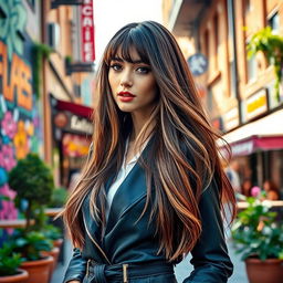 A stylish woman with long flowing hair, featuring trendy bangs, dressed in a chic outfit, standing in a vibrant urban setting