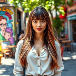 A stylish woman with long flowing hair, featuring trendy bangs, dressed in a chic outfit, standing in a vibrant urban setting
