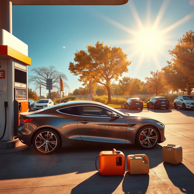 A realistic scene of a car at a petrol station, with the car in the process of refueling