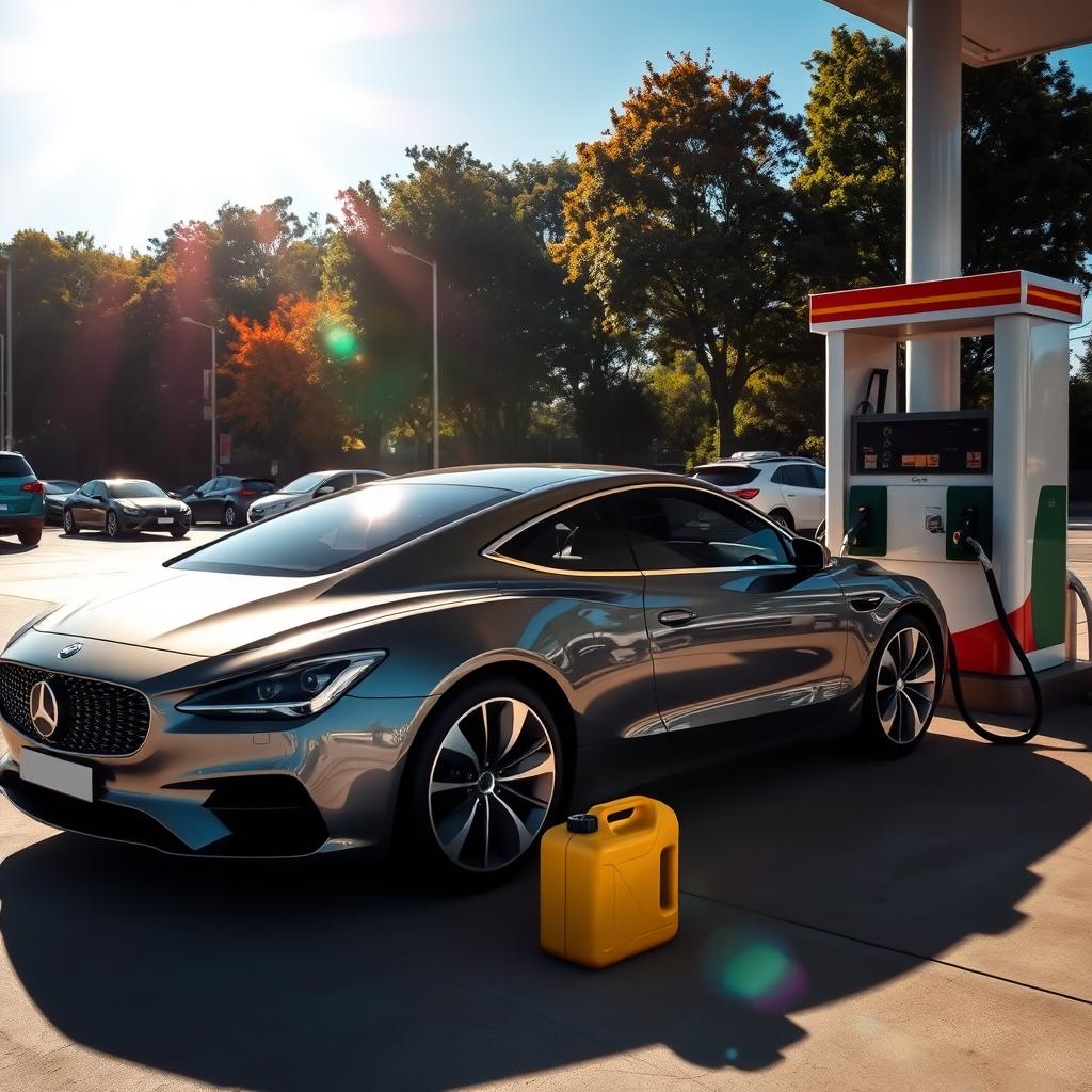 A realistic scene of a car at a petrol station, with the car in the process of refueling