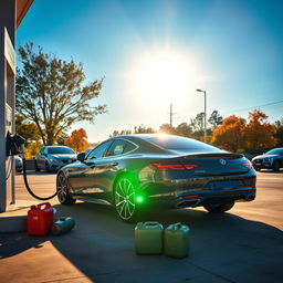 A realistic scene of a car at a petrol station, with the car in the process of refueling