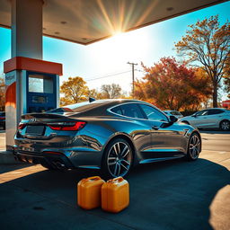 A realistic scene of a car at a petrol station, with the car in the process of refueling
