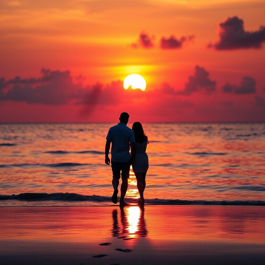 A beautiful, romantic sunset scene over a calm ocean