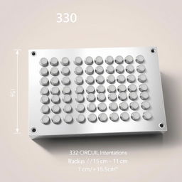 A detailed 3D illustration of a rectangular mold designed to hold 330 circular indentations, each with a radius of 1 cm and a depth of 1