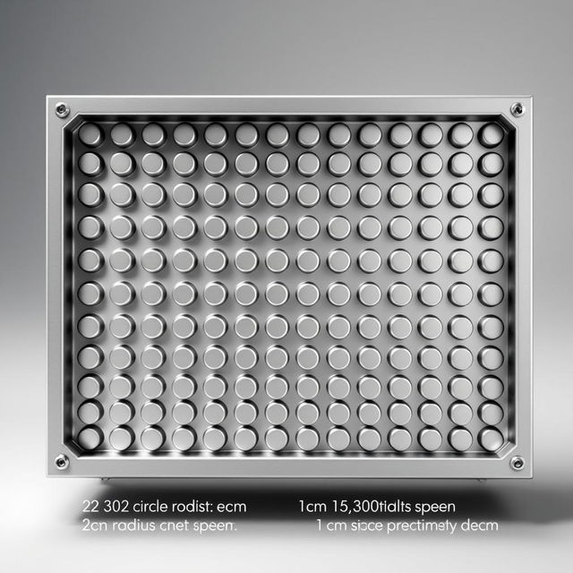 A detailed 3D illustration of a rectangular mold designed to hold 330 circular indentations, each with a radius of 1 cm and a depth of 1