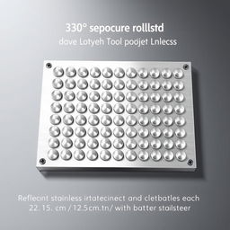 A detailed 3D illustration of a rectangular mold designed to hold 330 circular indentations, each with a radius of 1 cm and a depth of 1