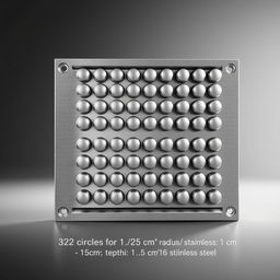 A detailed 3D illustration of a rectangular mold designed to hold 330 circular indentations, each with a radius of 1 cm and a depth of 1
