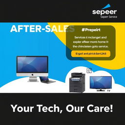 An engaging Instagram story slide showcasing the after-sales services of Sepehr Service, featuring images of a monitor, laptop, case, printer, copy machine, and TV