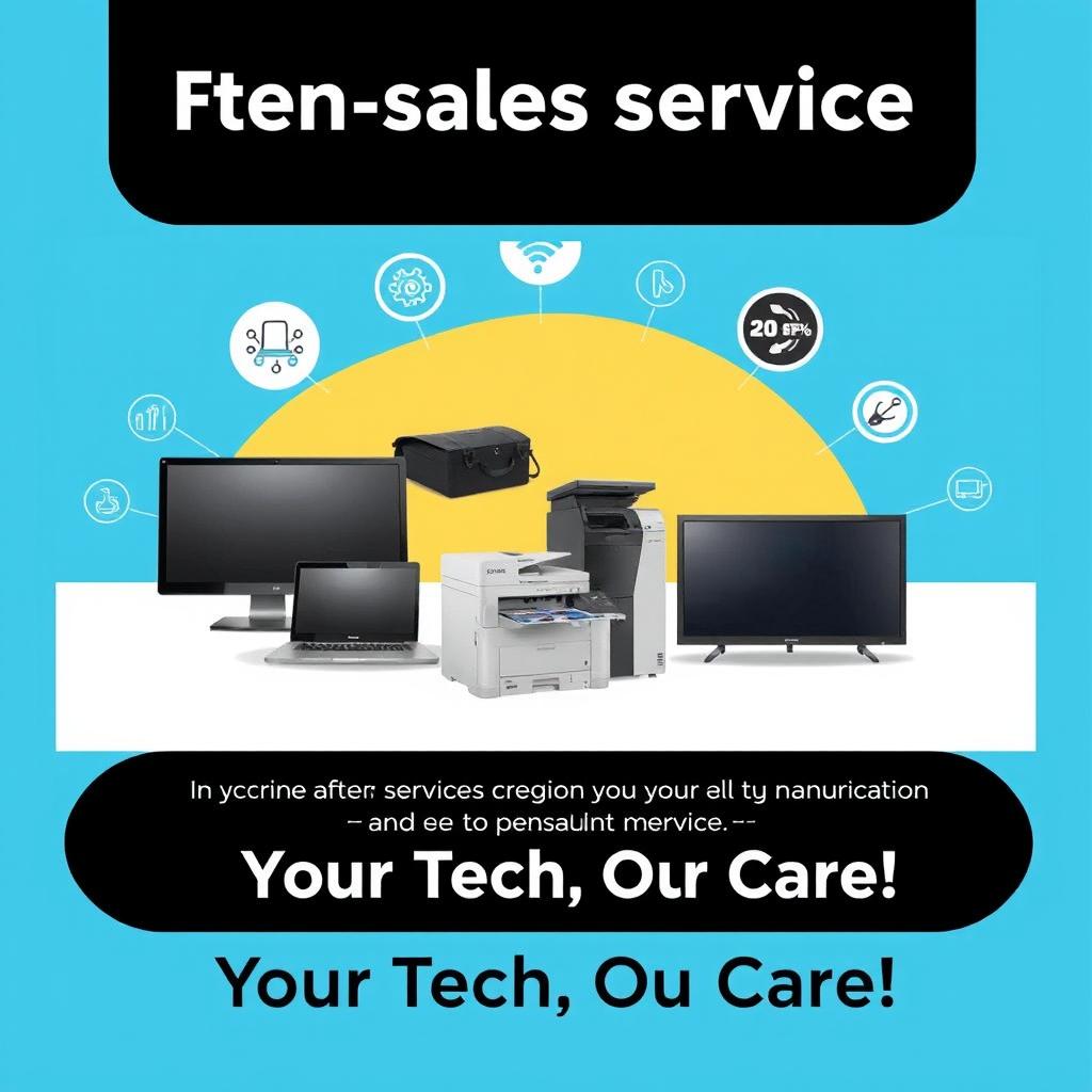 An engaging Instagram story slide showcasing the after-sales services of Sepehr Service, featuring images of a monitor, laptop, case, printer, copy machine, and TV