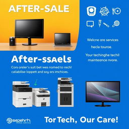 An engaging Instagram story slide showcasing the after-sales services of Sepehr Service, featuring images of a monitor, laptop, case, printer, copy machine, and TV