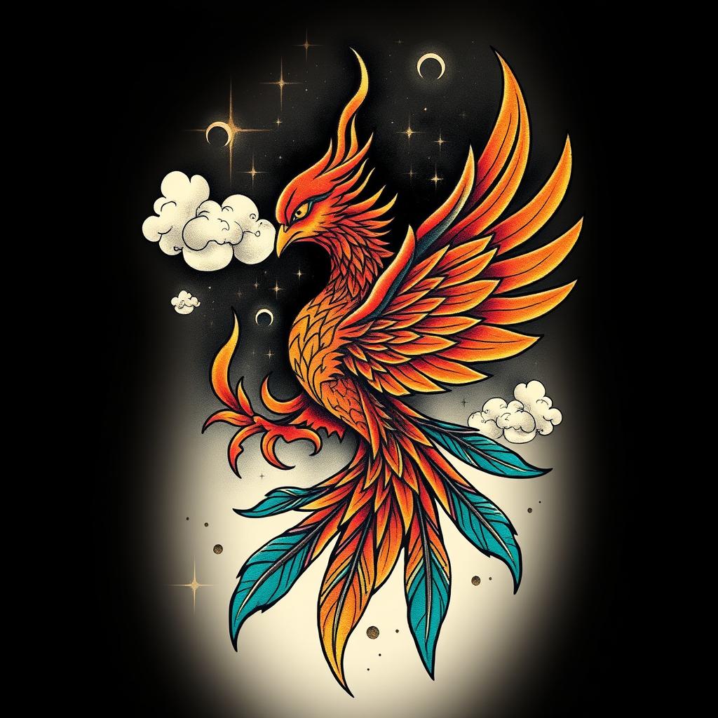 A unique tattoo design featuring a mythical phoenix rising from flames, symbolizing rebirth and renewal