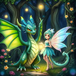 A vibrant and enchanting scene featuring Lingorm and Fayeyoko standing next to each other in a lush, magical forest