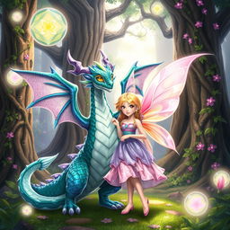 A vibrant and enchanting scene featuring Lingorm and Fayeyoko standing next to each other in a lush, magical forest