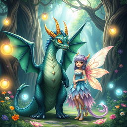 A vibrant and enchanting scene featuring Lingorm and Fayeyoko standing next to each other in a lush, magical forest