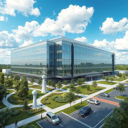 A detailed architectural rendering of a modern isotope production center, showcasing its sleek glass and steel exterior