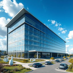 A detailed architectural rendering of a modern isotope production center, showcasing its sleek glass and steel exterior