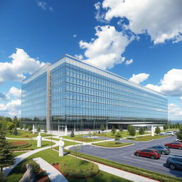 A detailed architectural rendering of a modern isotope production center, showcasing its sleek glass and steel exterior