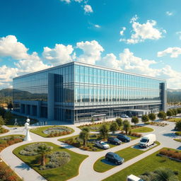 A detailed architectural rendering of a modern isotope production center, showcasing its sleek glass and steel exterior