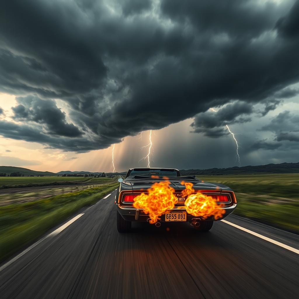 A dramatic scene featuring a classic car, possibly a vintage muscle car or a convertible, speeding down an open road with flames shooting out from the exhaust, creating a powerful backfire effect