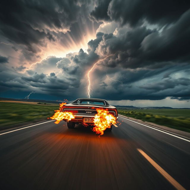 A dramatic scene featuring a classic car, possibly a vintage muscle car or a convertible, speeding down an open road with flames shooting out from the exhaust, creating a powerful backfire effect