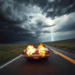 A dramatic scene featuring a classic car, possibly a vintage muscle car or a convertible, speeding down an open road with flames shooting out from the exhaust, creating a powerful backfire effect