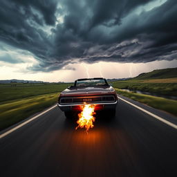 A dramatic scene featuring a classic car, possibly a vintage muscle car or a convertible, speeding down an open road with flames shooting out from the exhaust, creating a powerful backfire effect