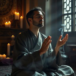 A deeply contemplative mystic engaged in a moment of prayer, radiating tranquility and spiritual focus