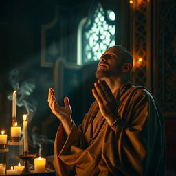 A deeply contemplative mystic engaged in a moment of prayer, radiating tranquility and spiritual focus