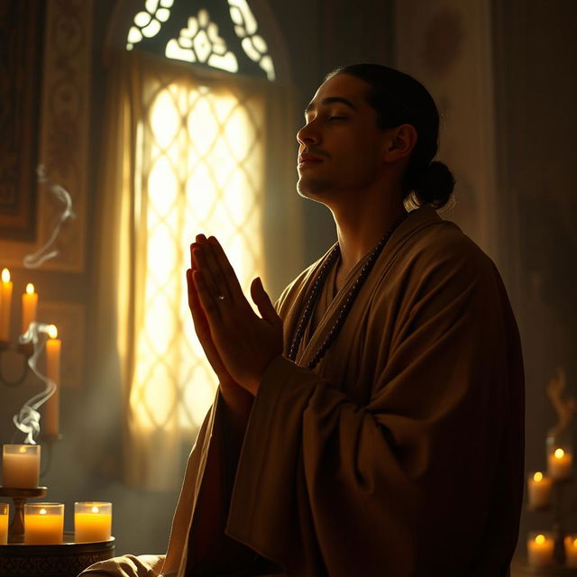 A deeply contemplative mystic engaged in a moment of prayer, radiating tranquility and spiritual focus