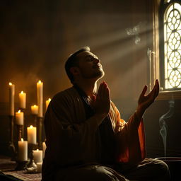 A deeply contemplative mystic engaged in a moment of prayer, radiating tranquility and spiritual focus