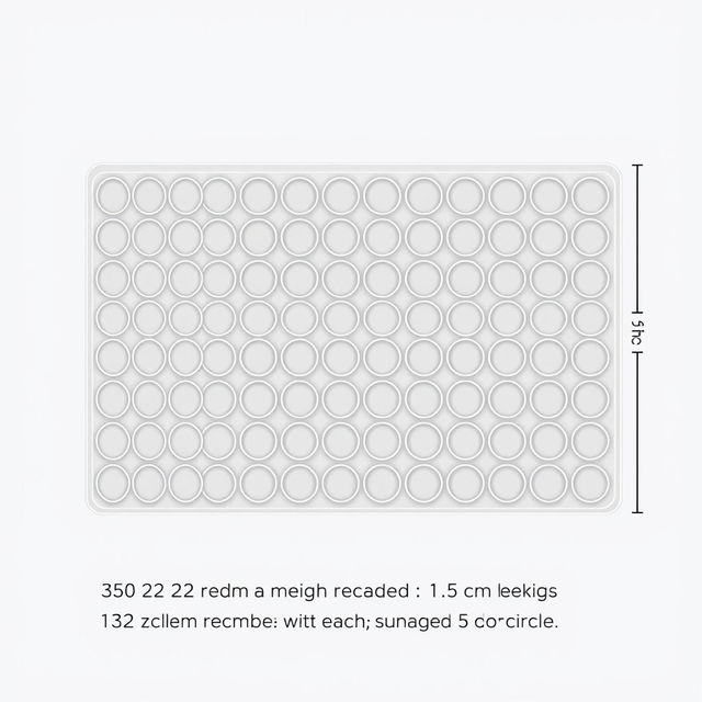 A detailed illustration of a rectangular plastic mold designed for holding 330 circles, each with a 1 cm radius