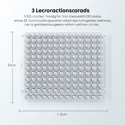 A detailed illustration of a rectangular plastic mold designed for holding 330 circles, each with a 1 cm radius