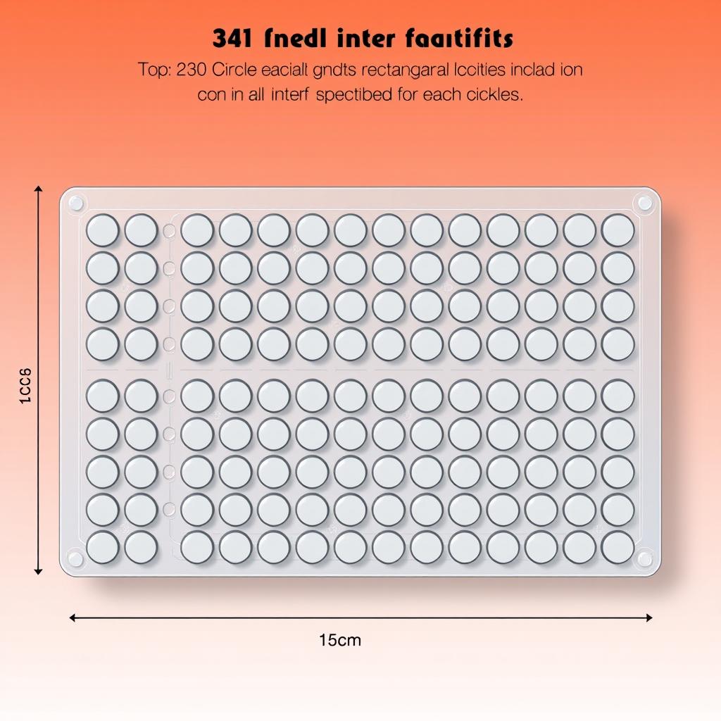 A detailed illustration of a rectangular plastic mold designed for holding 330 circles, each with a 1 cm radius