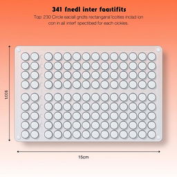 A detailed illustration of a rectangular plastic mold designed for holding 330 circles, each with a 1 cm radius