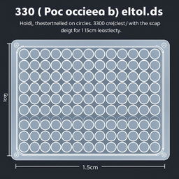 A detailed illustration of a rectangular plastic mold designed for holding 330 circles, each with a 1 cm radius