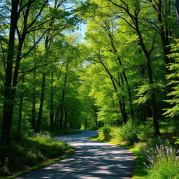A picturesque winding road meandering through a lush, dense forest