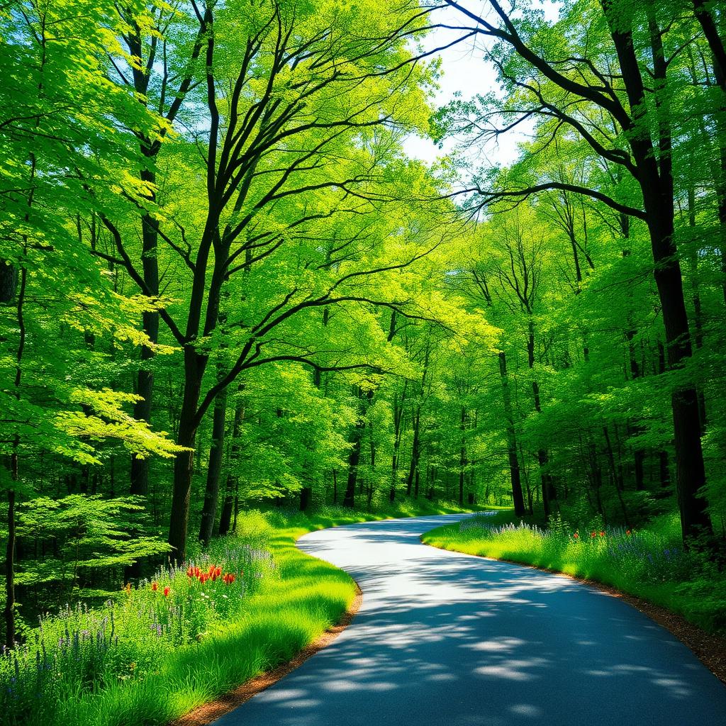 A picturesque winding road meandering through a lush, dense forest