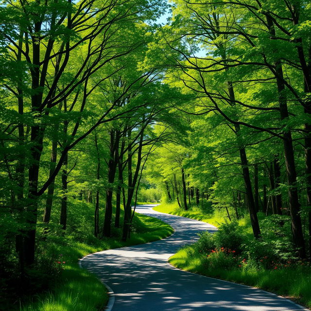 A picturesque winding road meandering through a lush, dense forest